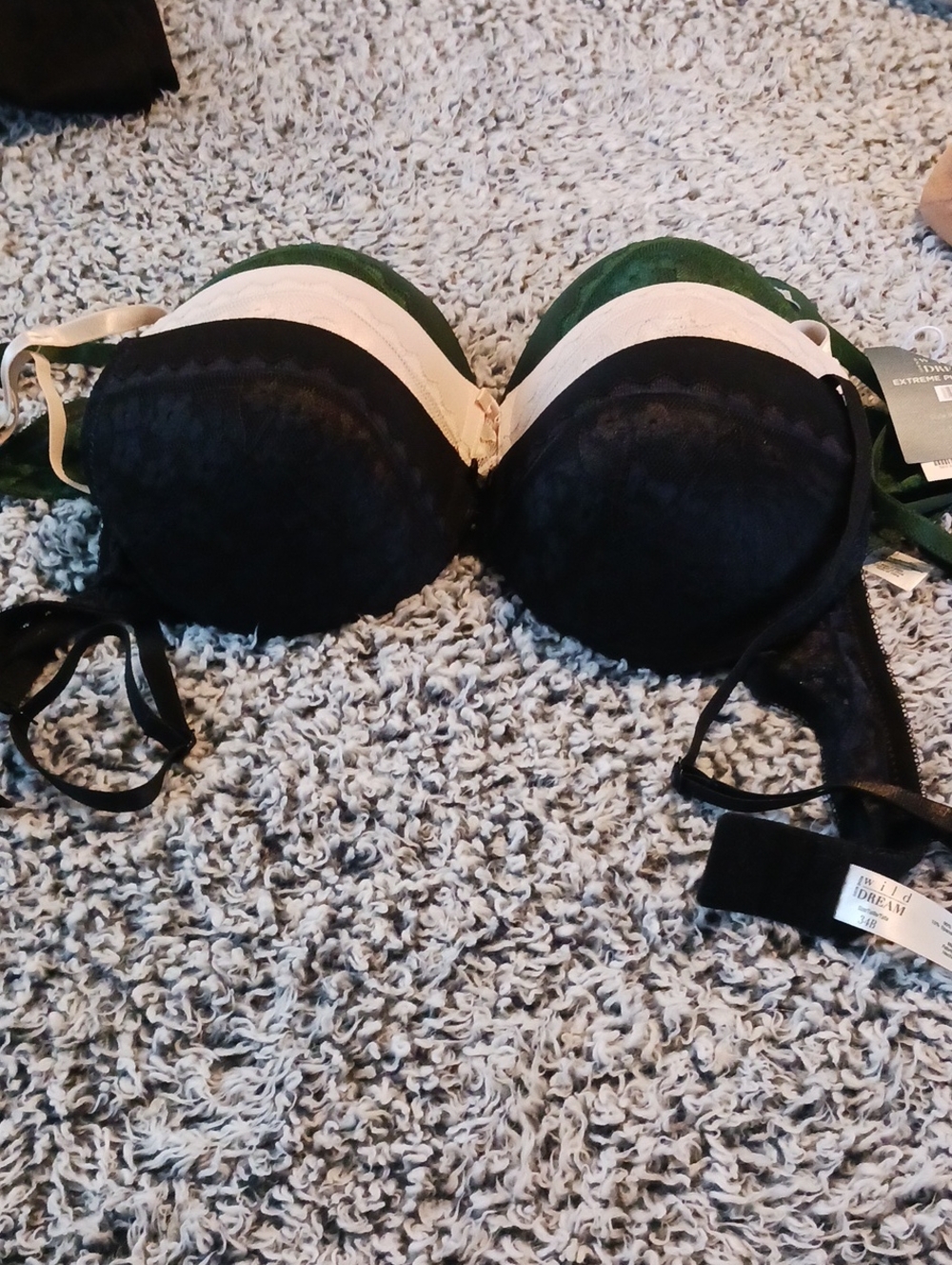 Rene Rofe Lace Push-Up Bra in Black, Cream & Green